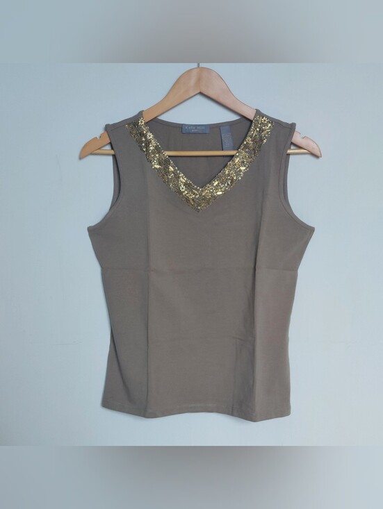 Kate Hill Tops - Kate Hill Petite Embellished V Neck Tank Top PM Taupe Gold